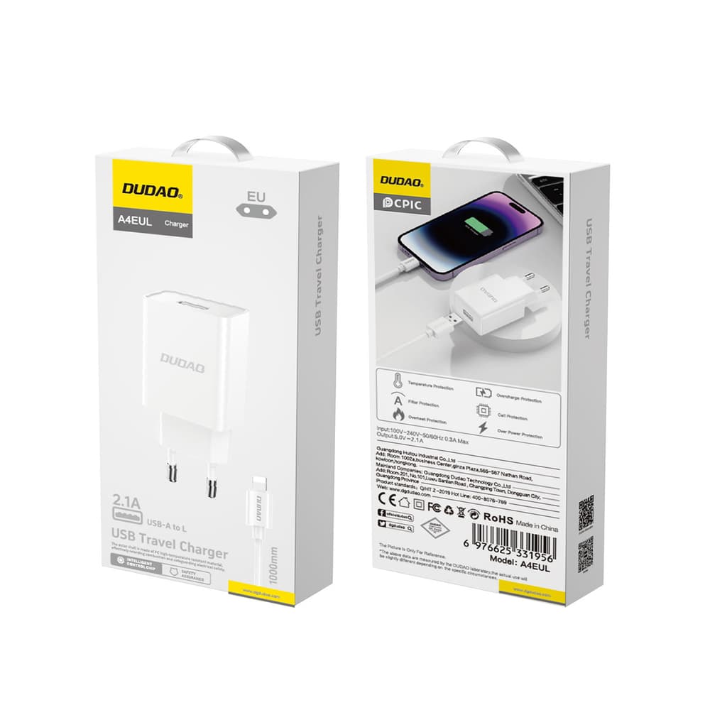 Dudao A4EU USB-A 2.1A zidni polnilnik - bel + USB-A - Lightning kabel 3