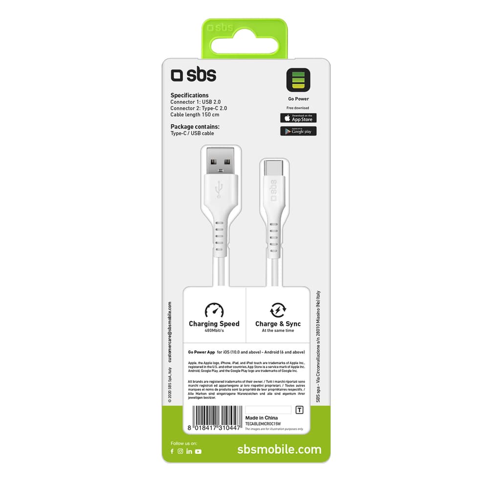 SBS kabel USB-A - USB-C 1.5m - bel 2