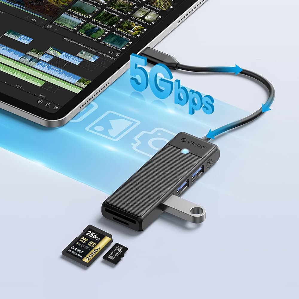 Orico PAPW3AT-C3 USB Hub, 4-port, 3x USB-A 3.0, bralnik kartic microSD/SD, 1,8 m, črn 4