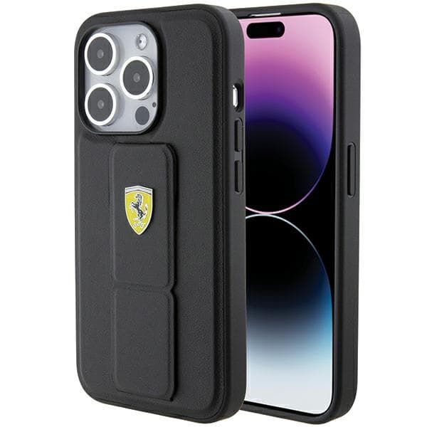 Ovitek Ferrari Grip Stand Metal Logo za iPhone 15 Pro Max - črn
