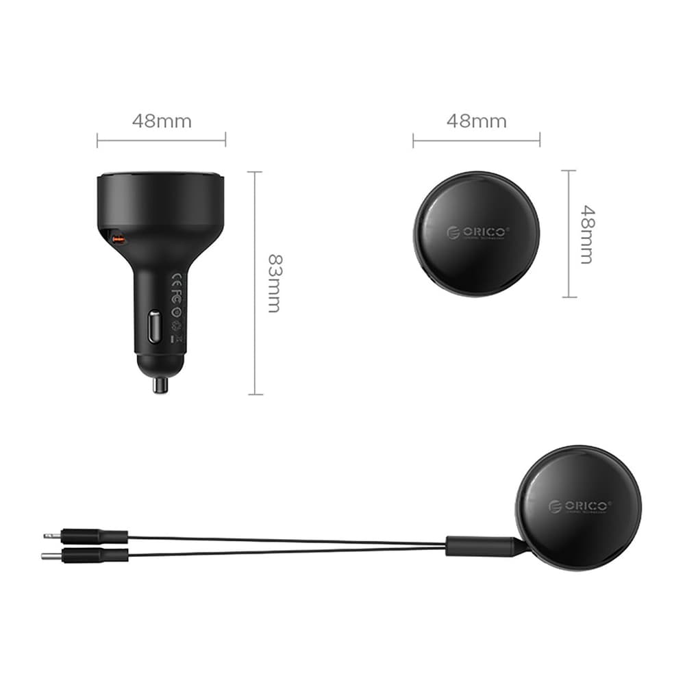 Orico Dual Stretch 60W avtomobilski polnilnik, 2x USB-C + Lightning kabla - črn 2
