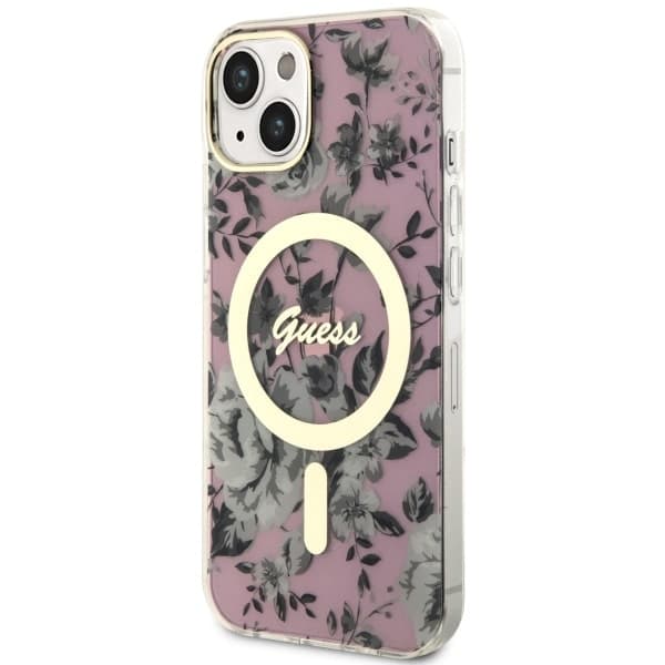 Guess ovitek za iPhone 14 Plus 6.7" roza Flower MagSafe 2