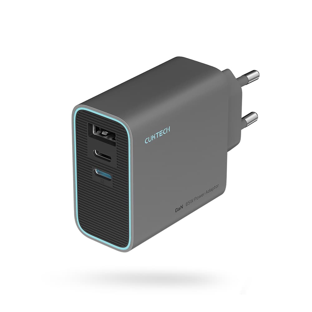 Cuktech 65W GaN stenski polnilnik 2x USB-C, 1x USB-A - siv