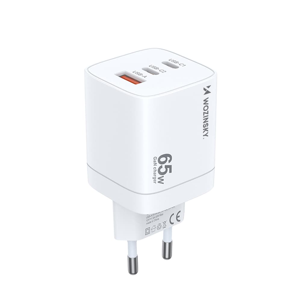 Wozinsky CGWCW 65W GaN stenski polnilec, 1xUSB-A / 2xUSB-C, bel