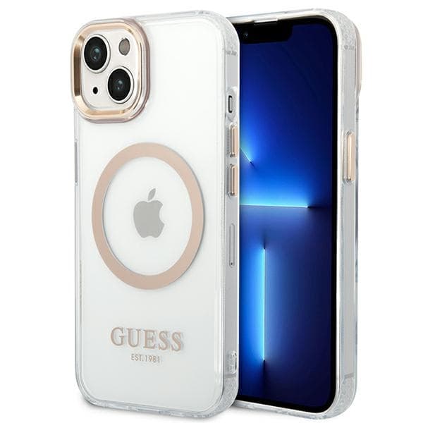 Guess GUHMP14SHTRMD ovitek za iPhone 14 6.1" zlat z zlatim obrisom, prozoren, MagSafe