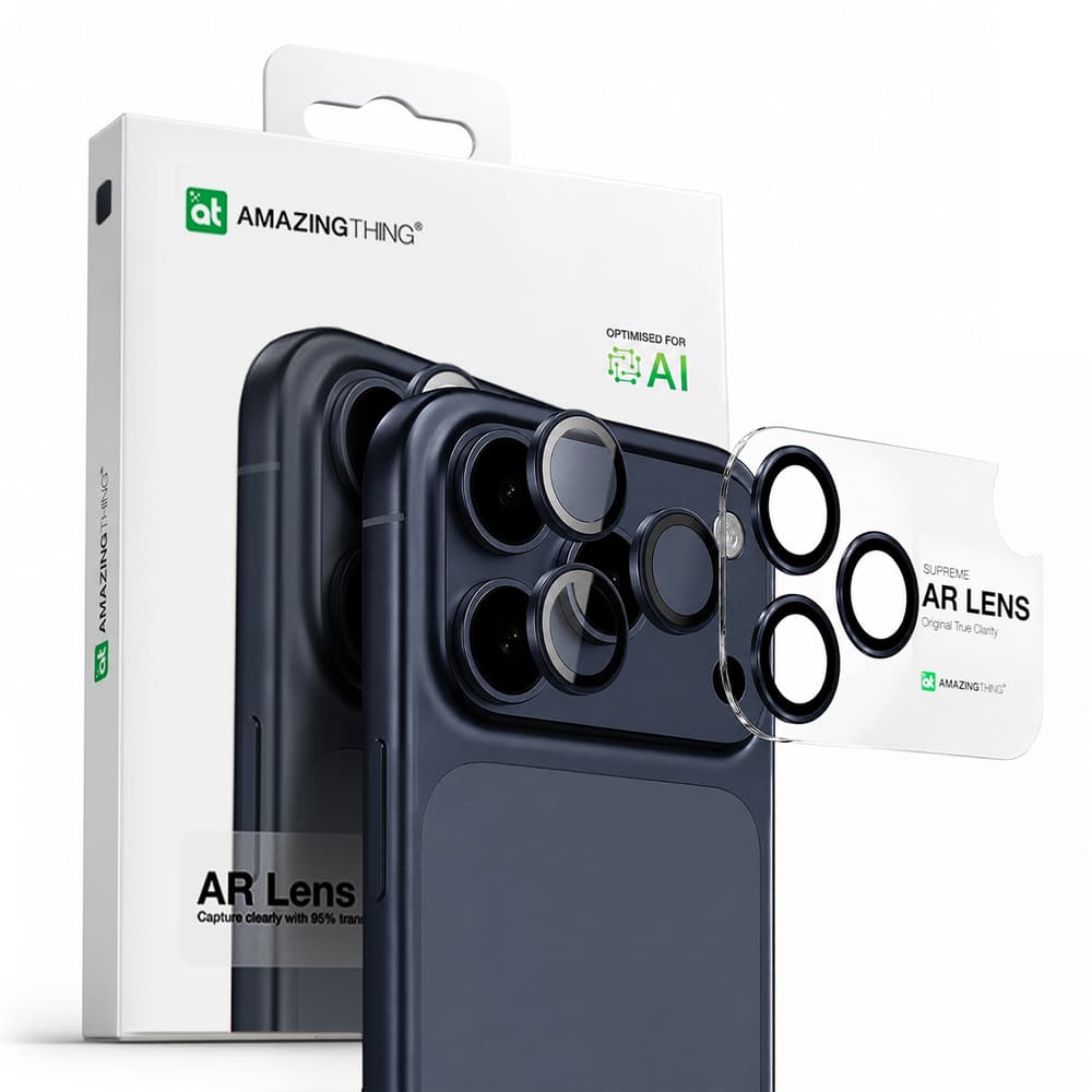 AmazingThing Zaščitno steklo za kamero iPhone 17 Pro / Pro Max, moder okvir