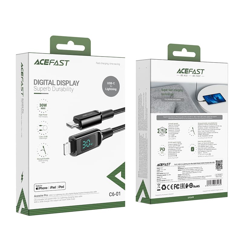 Acefast USB-C v Lightning kabel 1.2m, 30W, 3A, črn (C6-01) 5