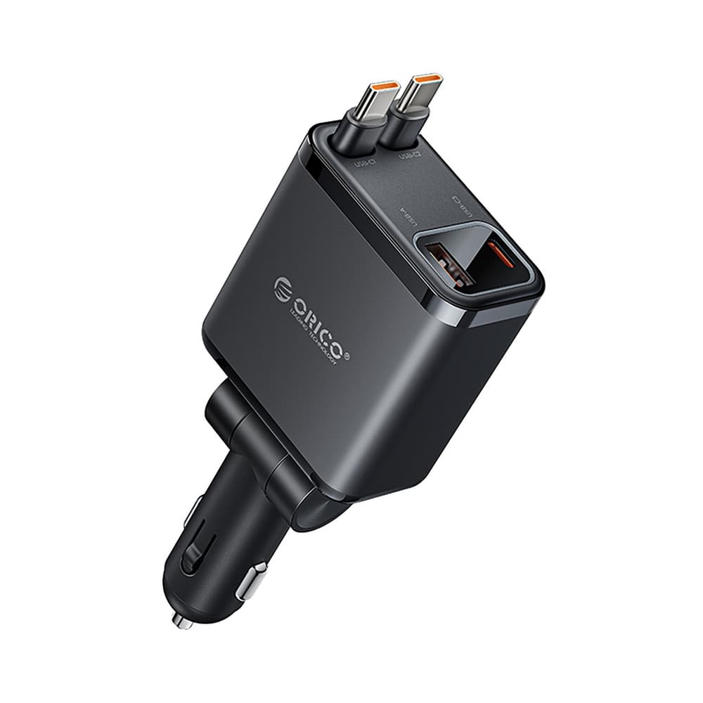 Orico Twin Reach 45W avto polnilnik USB-A + USB-C, 2x izvlečni kabel USB-C - črn