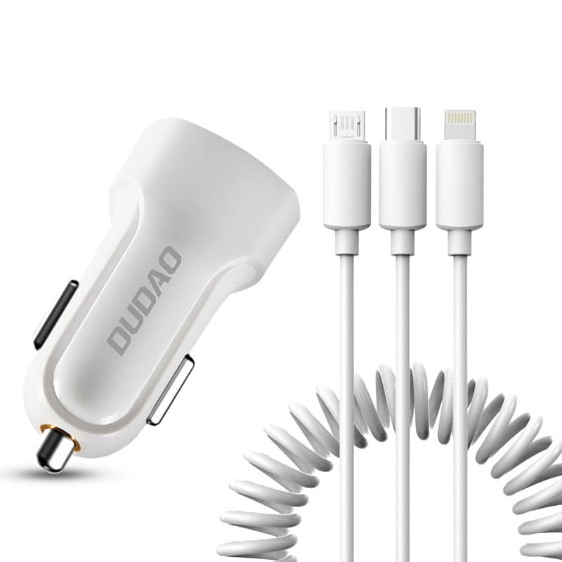 Dudao R7 avto polnilec 2x USB 2.4A + 3v1 kabel USB (Lightning/Type-C/Micro USB), bel