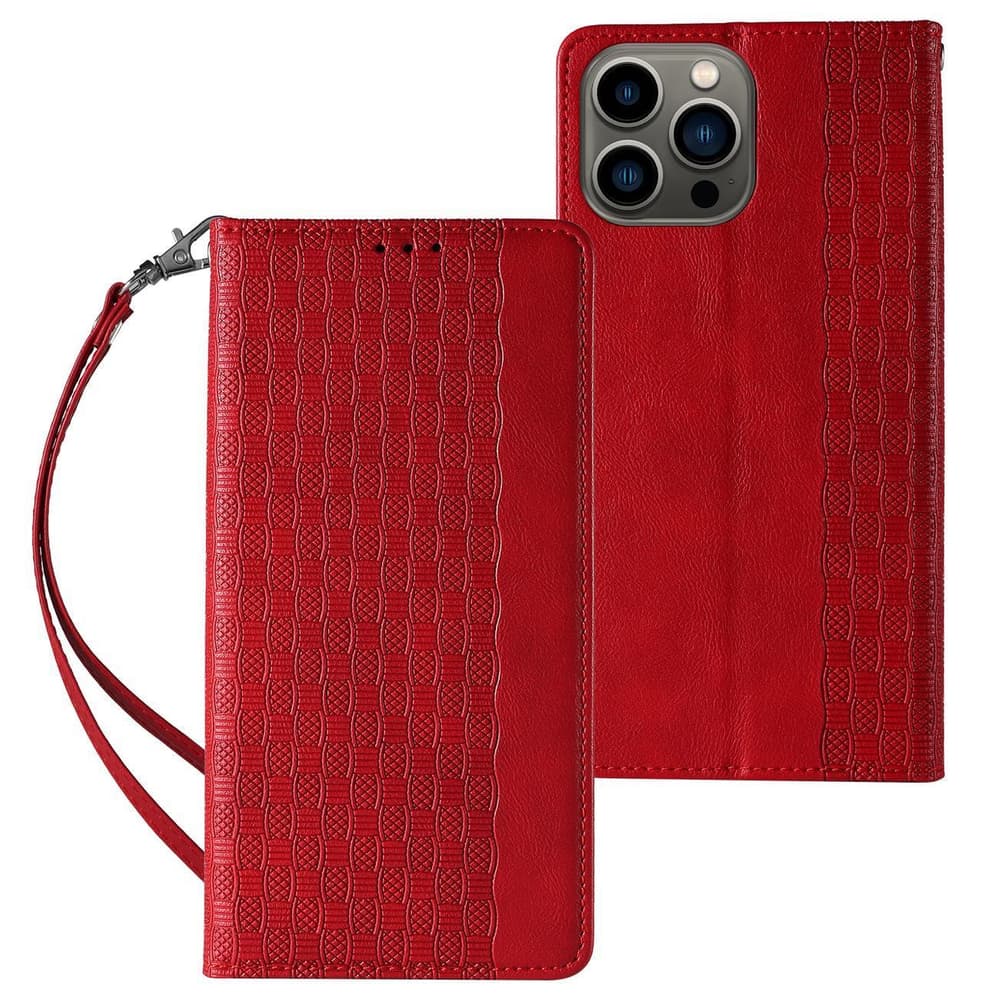 Hurtel Magnet Strap etui za iPhone 14 Plus - rdeč, denarnica, stojalo, vrvica