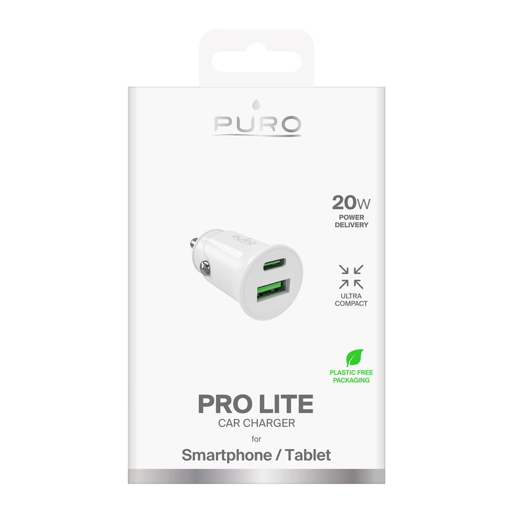 Puro Pro Lite avtopolnilnik 2xUSB, 20W PD, bel 2