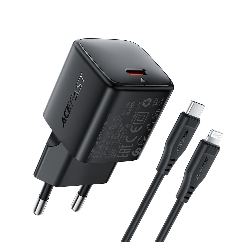 Acefast A118 30W GaN USB-C polnilnik s kablom Lightning, črn