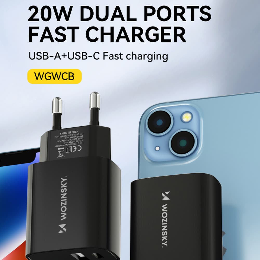 Stenski polnilnik Wozinsky WGWCB 20W, USB-A + USB-C - črn 6