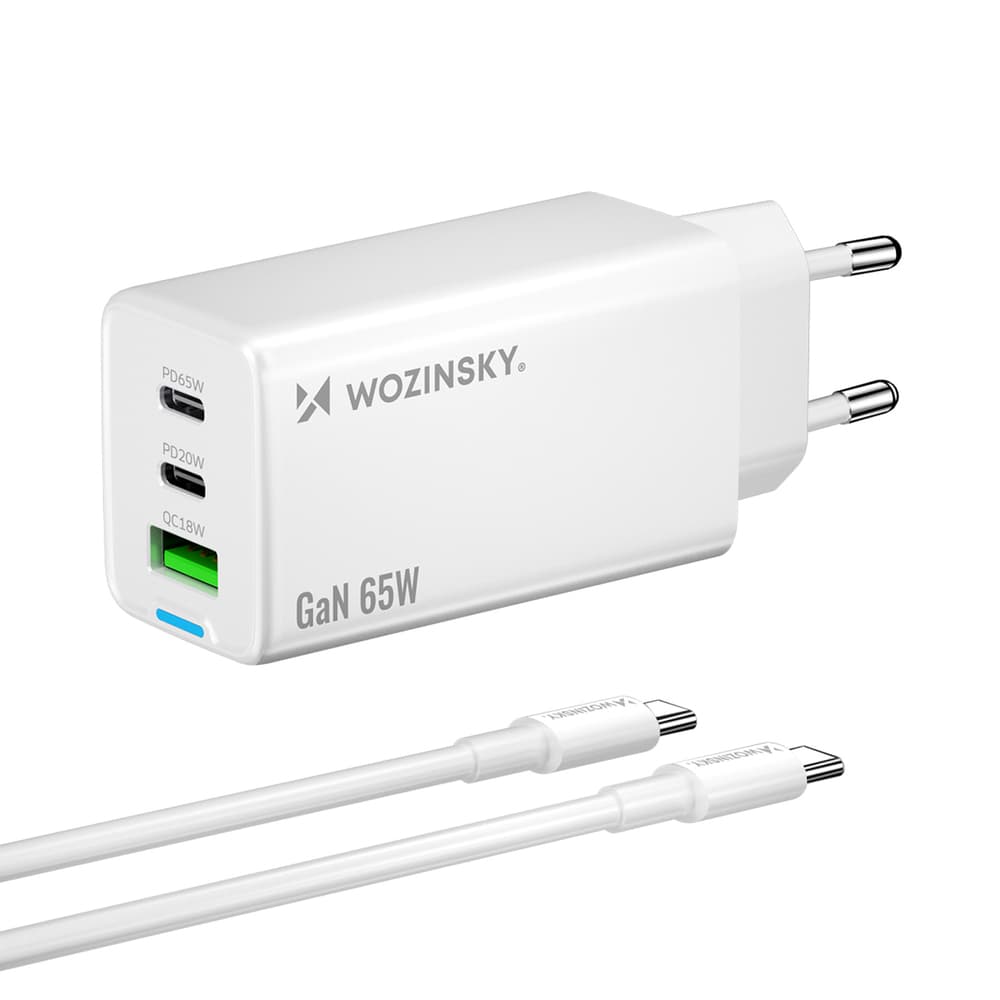 Wozinsky GaN 65W polnilnik USB-A, 2xUSB-C, s kablom USB-C - bel