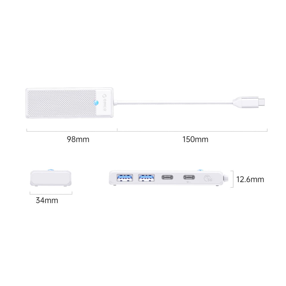 Orico PAPW2AC-C3 USB-C razdelilnik, 4 vrata (2x USB-A 3.0, 1x USB-C 3.0, PD 100W), 0.15m, bela 2