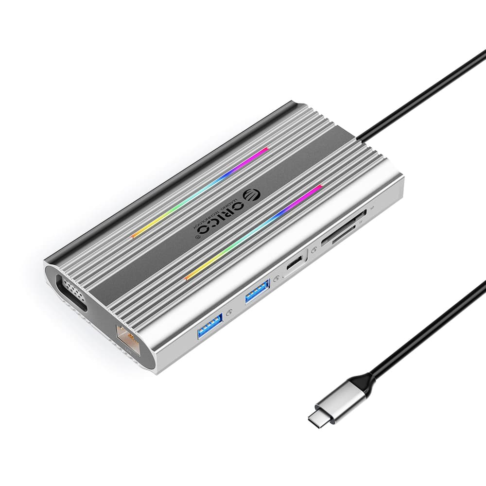 Orico XDR 12v1 USB-C Docking Station RGB, 3x USB-A, PD 100W, HDMI 4K, VGA, RJ45, Čitalnik kartic - Srebrna