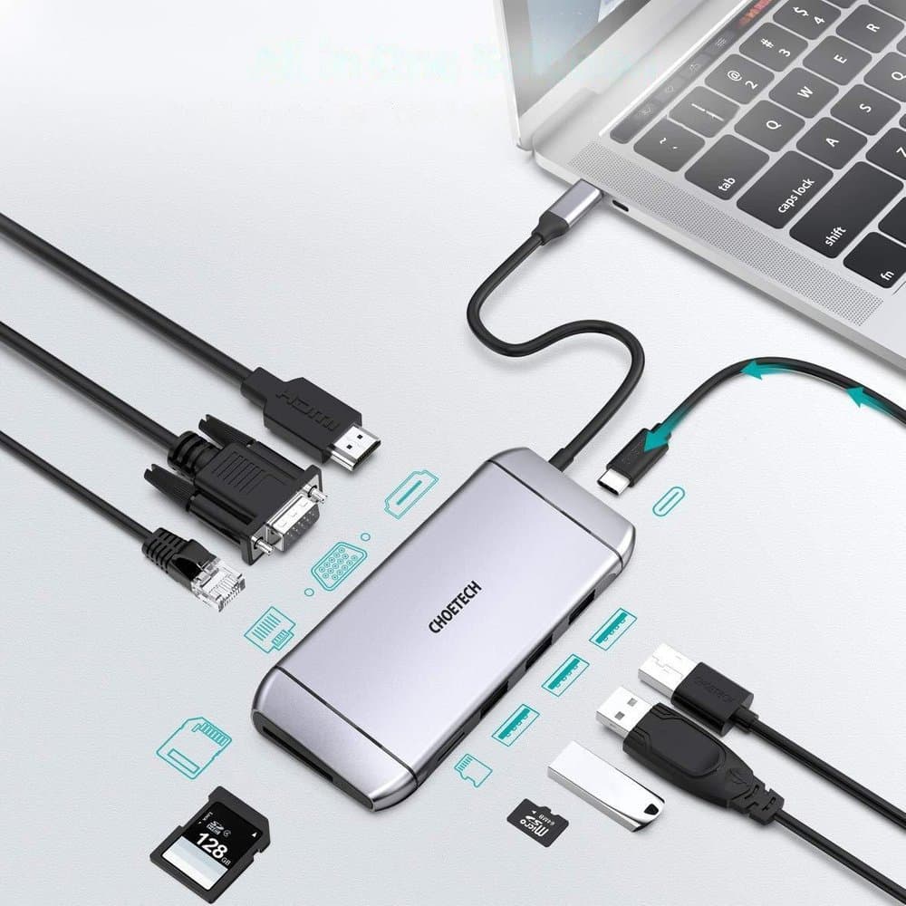 Choetech 9v1 USB C HUB adapter - HDMI, VGA, USB 3.2, RJ45, sivi HUB-M15 3