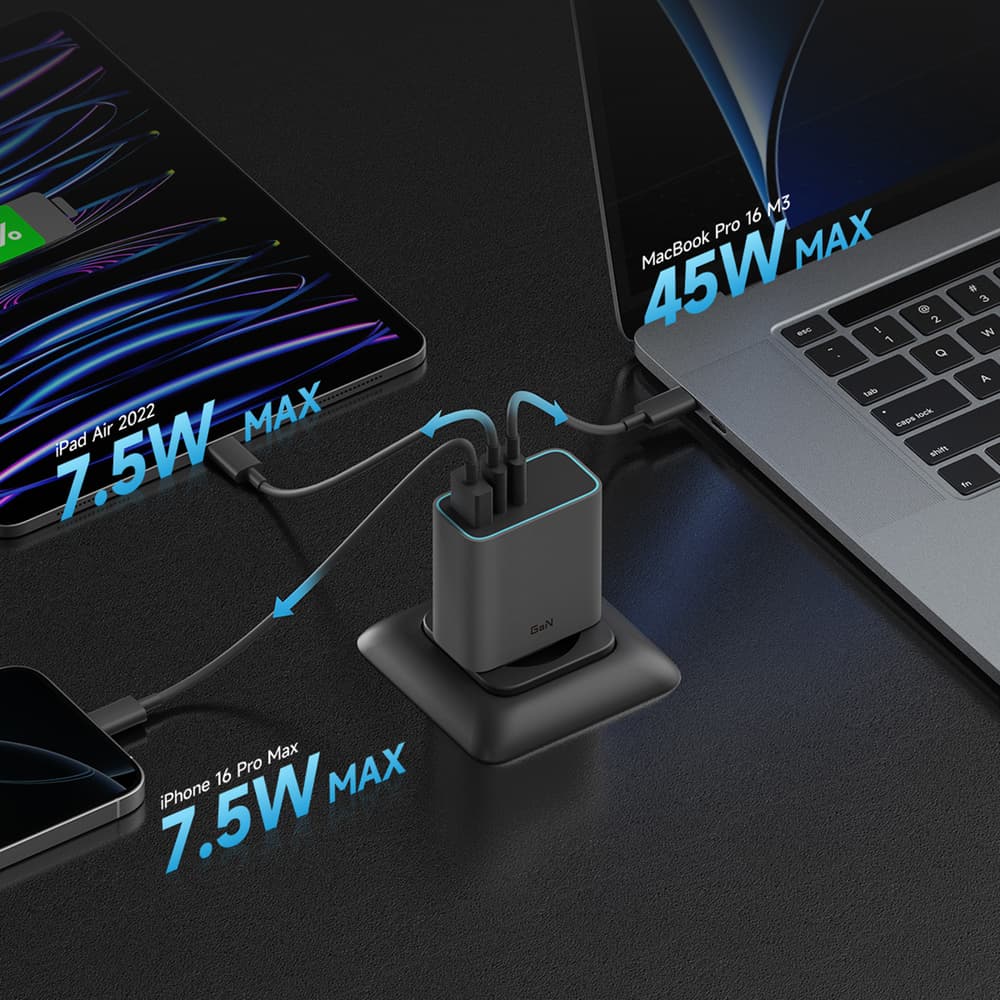 Cuktech 65W GaN stenski polnilnik 2x USB-C, 1x USB-A - siv 3