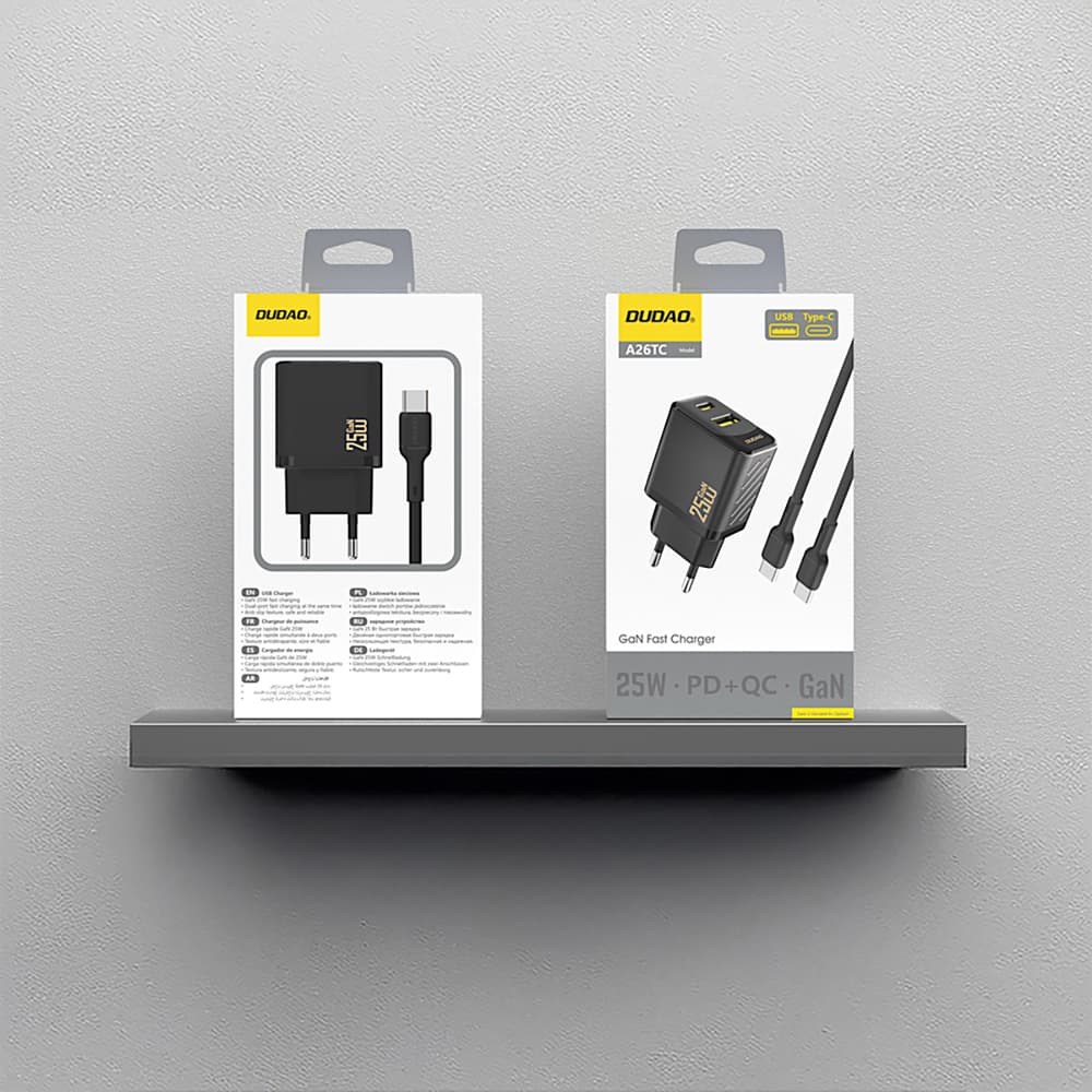 Dudao A26TCEU PD QC 25W GaN stenski polnilnik USB-A + USB-C s kablom USB-C, črn 5