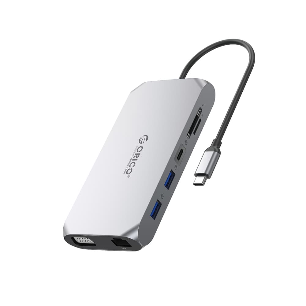 Orico XCR 12v1 USB-C Docking Station, 3x USB-A 3.1, HDMI 4K 30Hz, VGA 1080p, PD 100W, siva