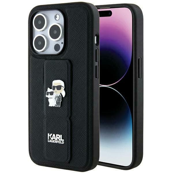 Karl Lagerfeld Gripstand Saffiano Choupette Pins ovitek za iPhone 13 Pro / 13 - črn