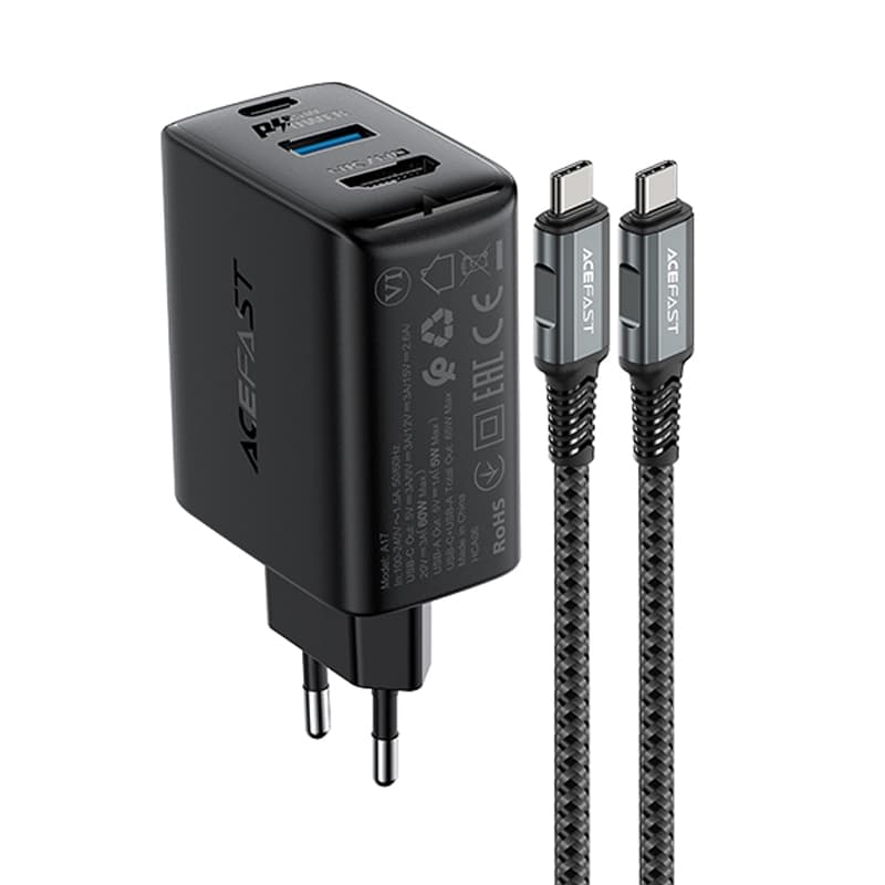 Acefast 2v1 GaN polnilnik 65W USB-C/USB + HDMI adapter, črn (A17) 2