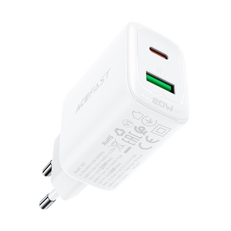 Acefast stenski polnilnik USB-C/USB 20W, PD, QC 3.0, FCP, bel (A25) 4