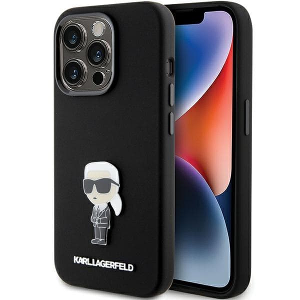 Karl Lagerfeld Silicone Ikonik Metal Pin ovitek za iPhone 15 Pro - črna