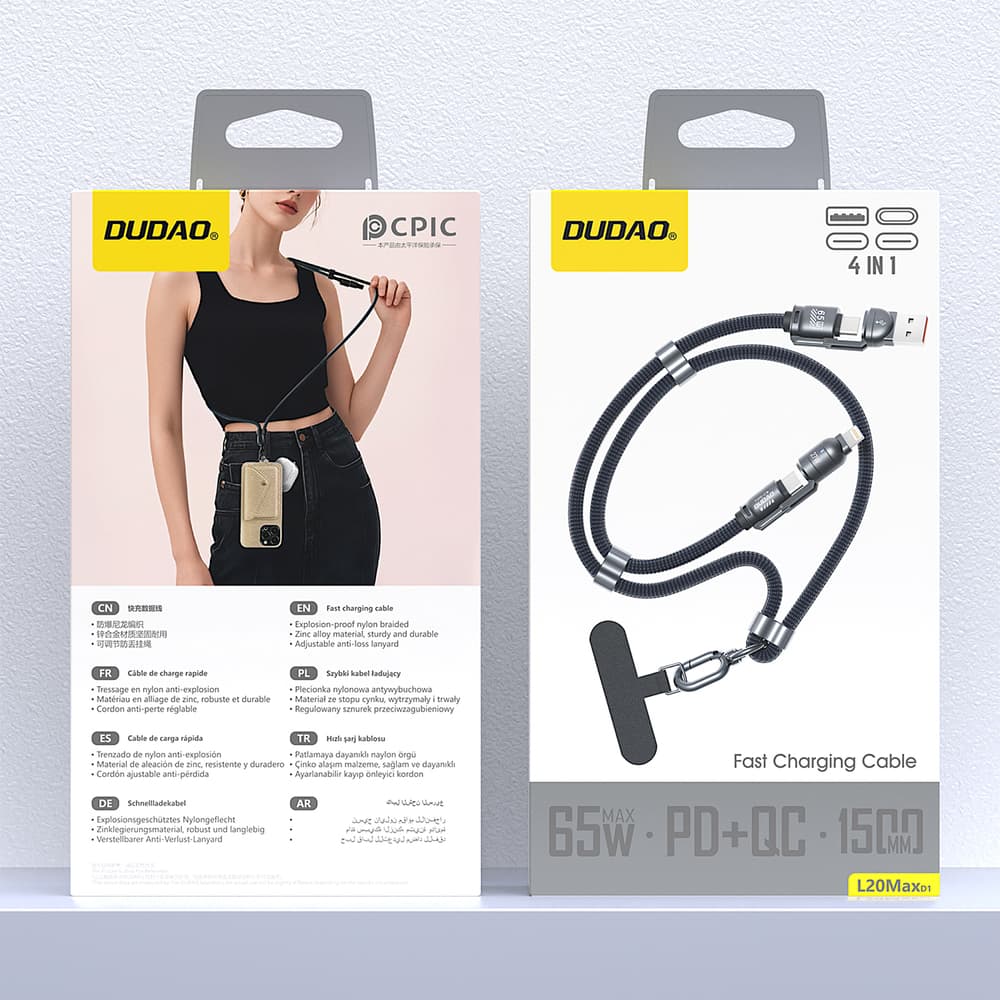 Dudao L20MAX 65W 4v1 kabel, trak za okoli vratu, USB-C na USB-C, Lightning in USB-A adapterji - moder 4