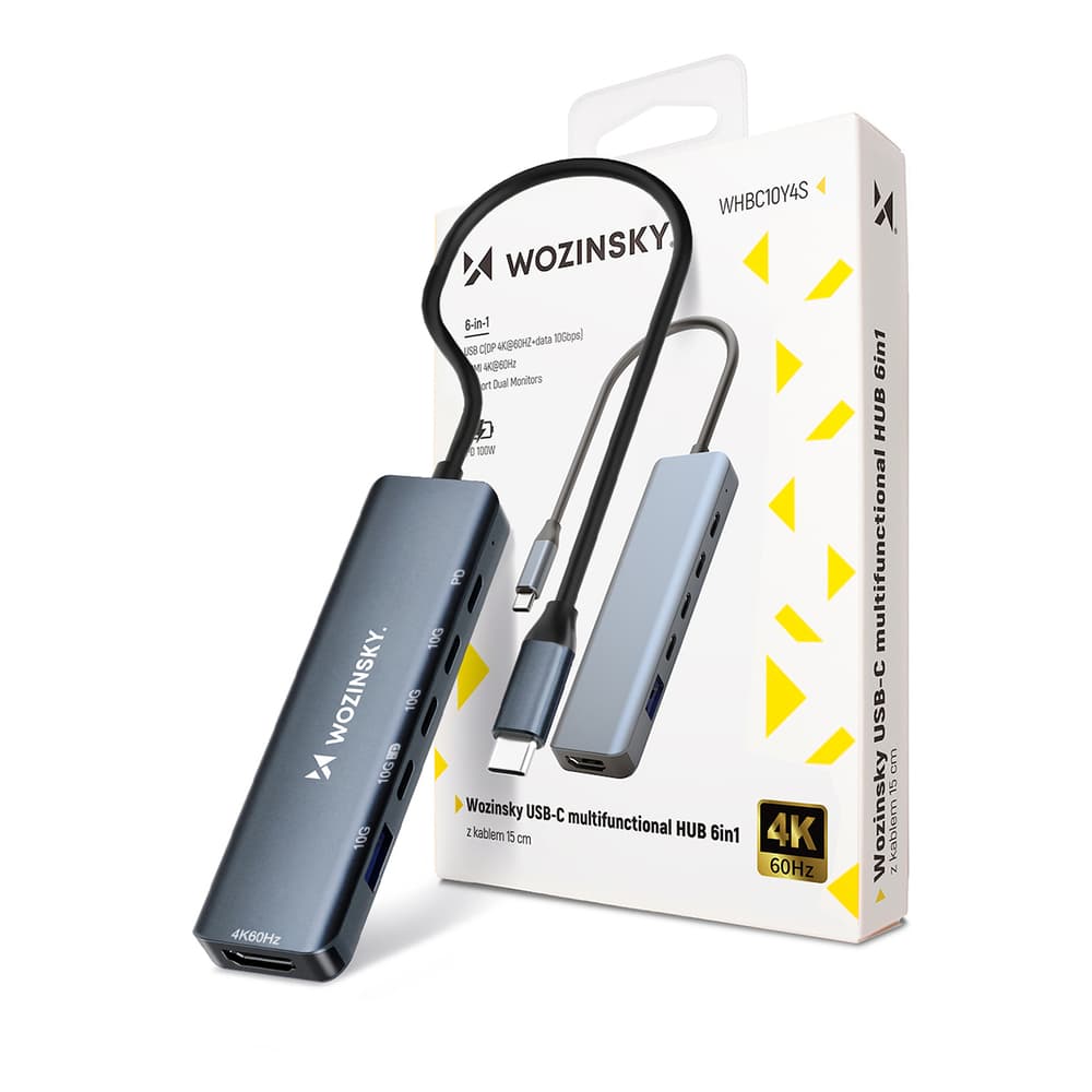 Wozinsky WHBC10Y4S USB-C 6-v-1 Hub, aluminij, 25 cm kabel - Siva
