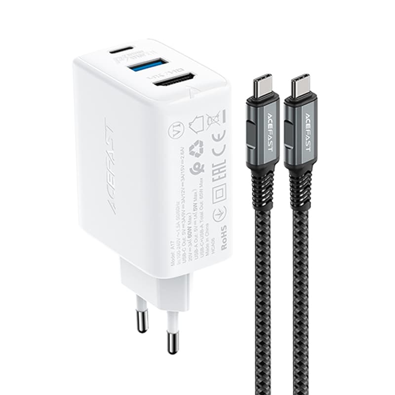 Acefast 2v1 GaN polnilnik 65W USB-C/USB + HDMI adapter, bel (A17) 2