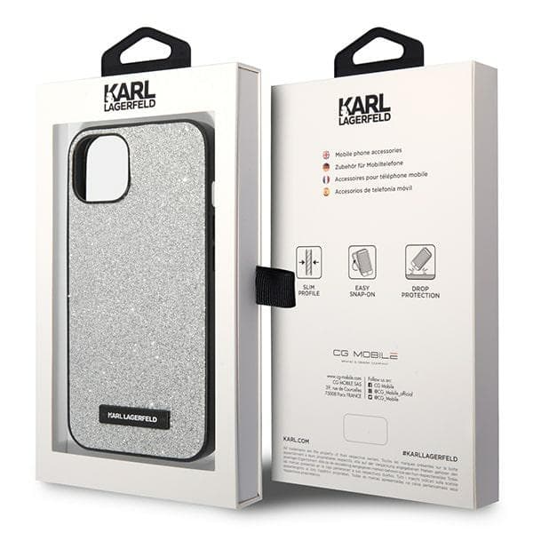Karl Lagerfeld ovitek za iPhone 14 Plus Glitter Plaque Logo, srebrn 8