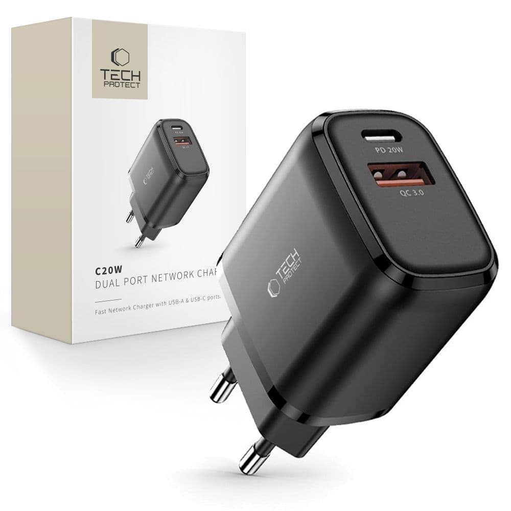 Tech-Protect C20W polnilnik USB-C PD 20W / USB-A QC 3.0 - črn