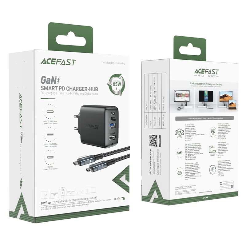 Acefast 2v1 GaN polnilnik 65W USB-C/USB + HDMI adapter, črn (A17) 5