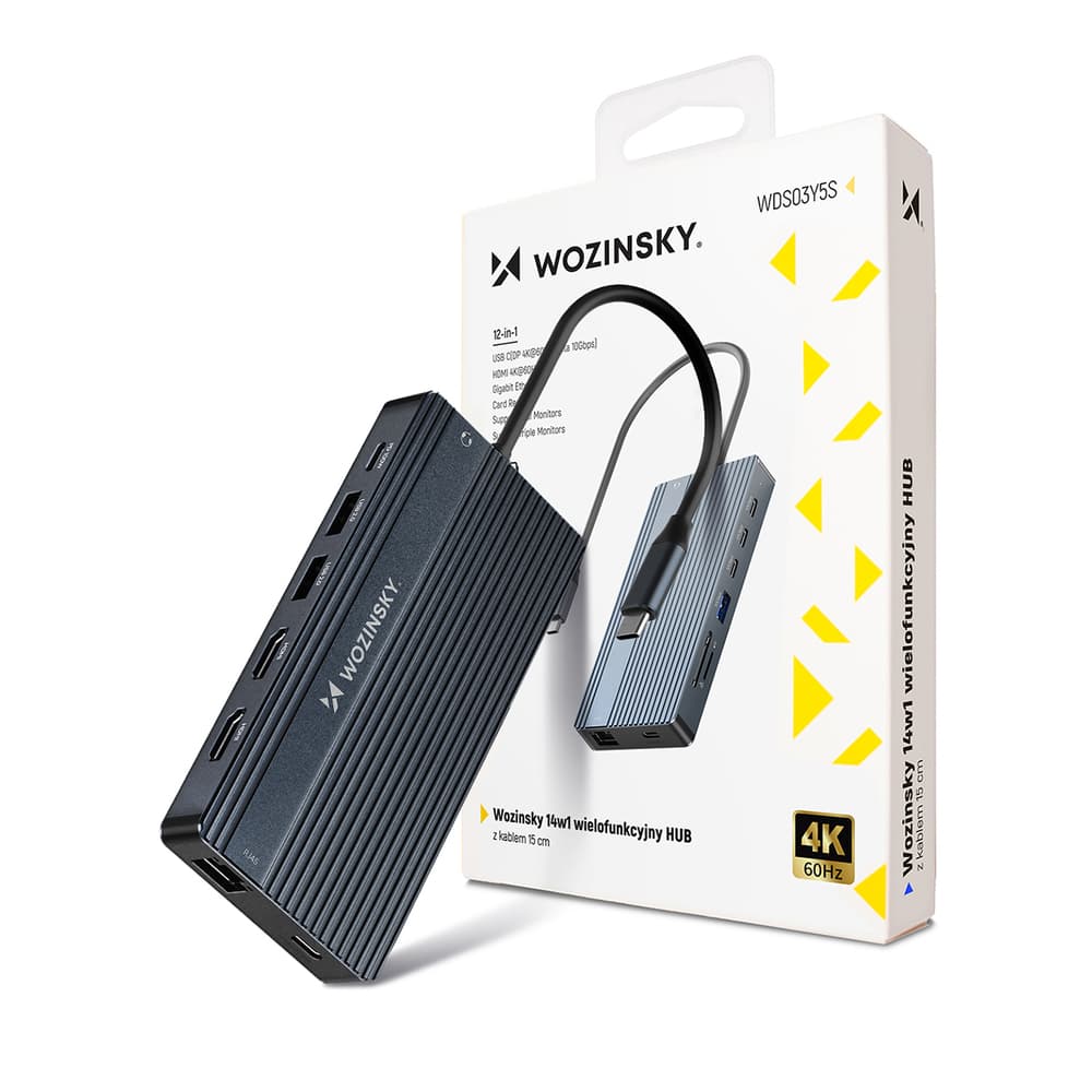 Wozinsky WDS03Y5S USB-C 14-v-1 Hub, aluminij, za 3 monitore, 15 cm kabel - Siva