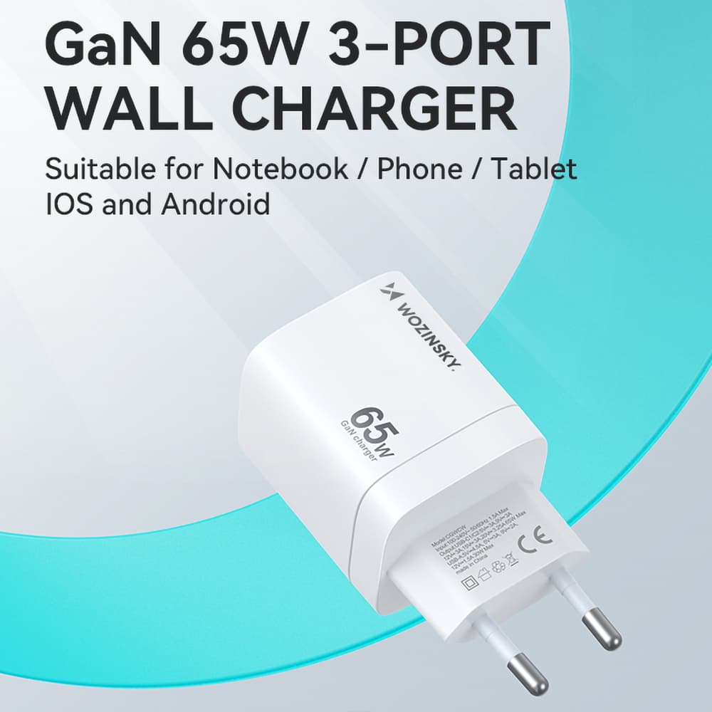 Wozinsky CGWCW 65W GaN stenski polnilec, 1xUSB-A / 2xUSB-C, bel 4
