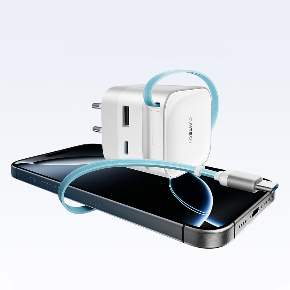 Cuktech AD653W 67W GaN polnilnik 2x USB-C + USB-A z izvlečnim kablom - Bel 2