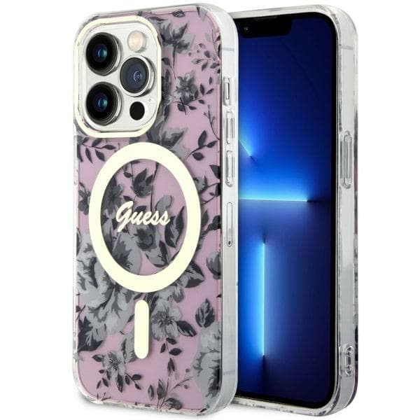 Guess ovitek za iPhone 14 Pro 6.1" roza Flower MagSafe