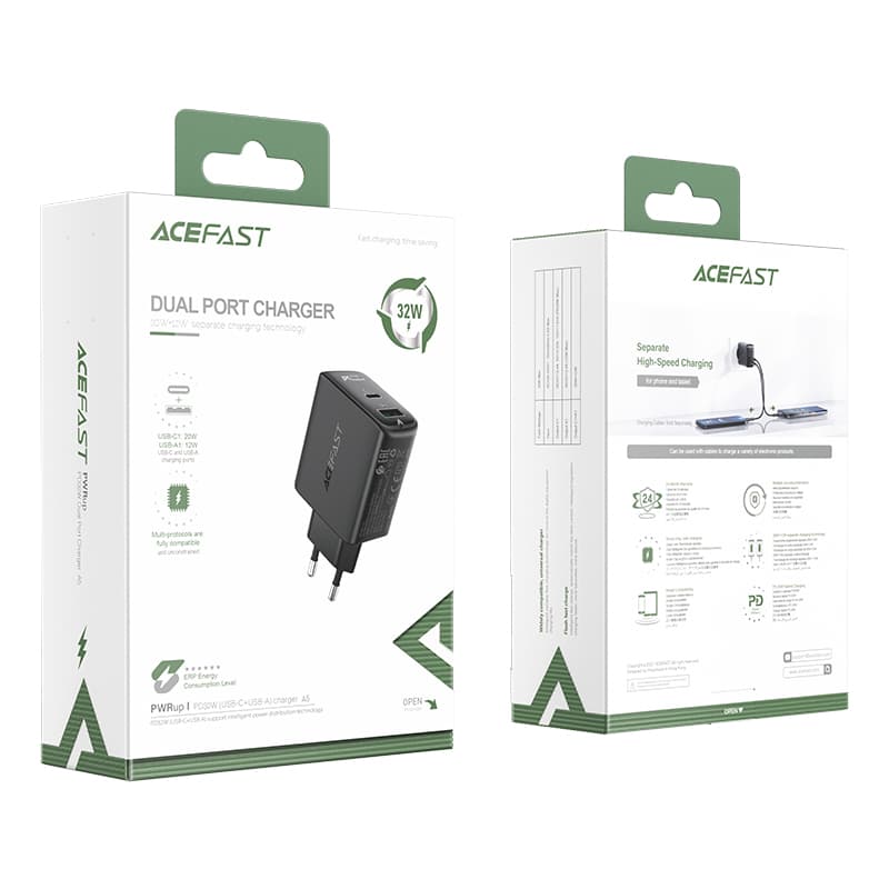 Acefast stenski polnilnik USB-C/USB 32W, PD, QC 3.0, AFC, FCP, črn (A5) 5