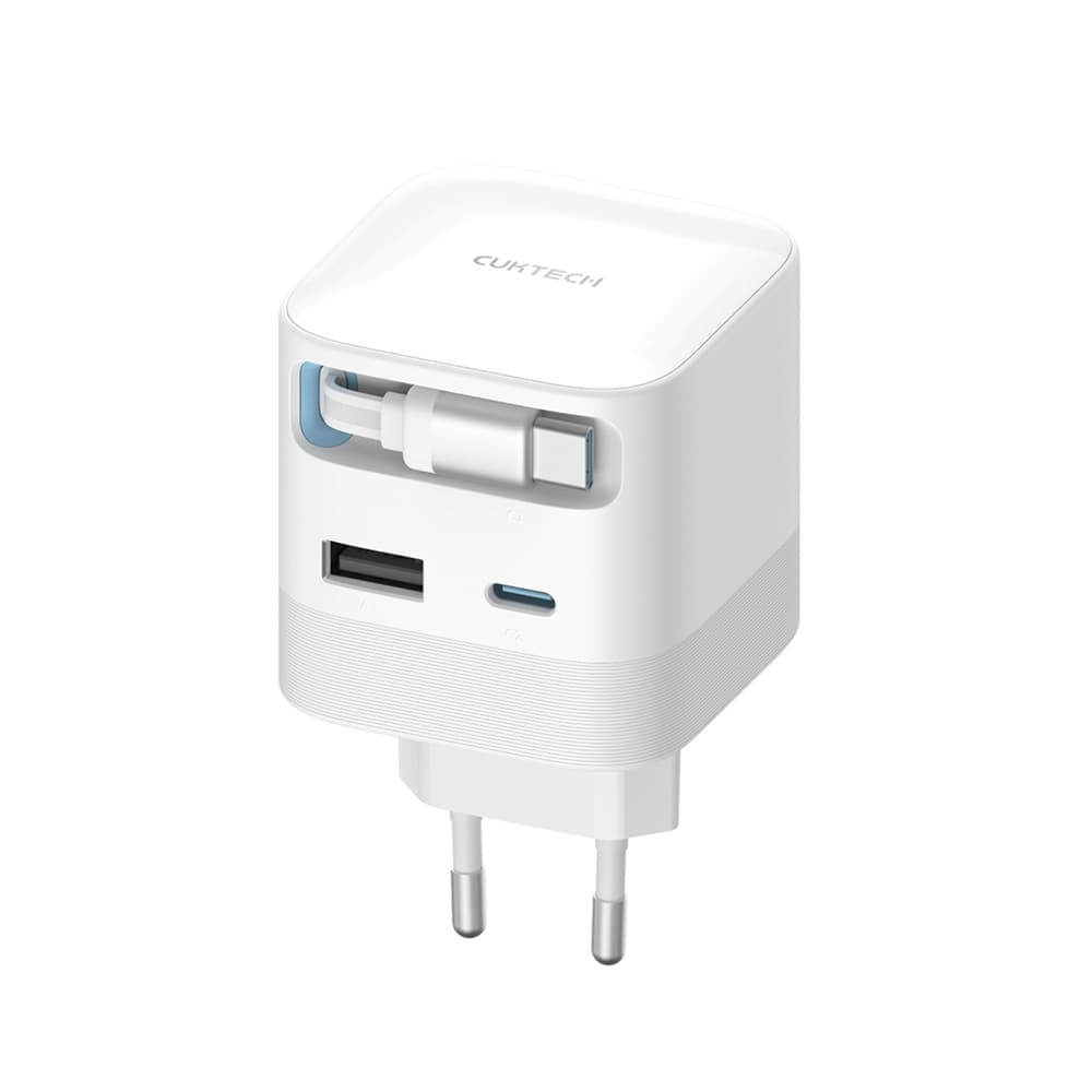 Cuktech AD653W 67W GaN polnilnik 2x USB-C + USB-A z izvlečnim kablom - Bel