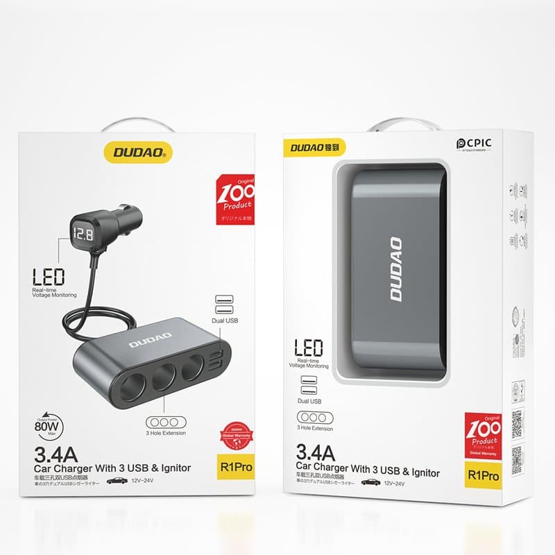 Dudao avtomobilski polnilnik 2x USB / 3x vtičnica vžigalnika (R1Pro) - črn 5