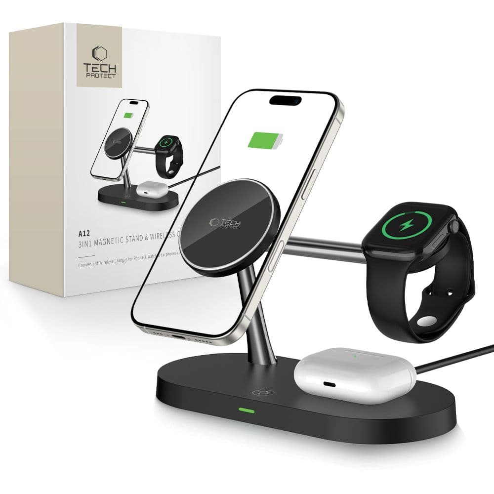 Tech-Protect A12 3v1 MagSafe polnilnik - črn