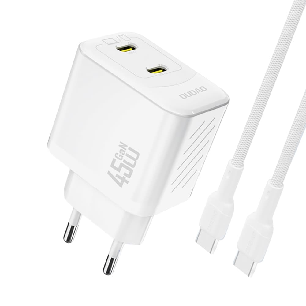 Dudao A28PCEU PD 45W GaN 2xUSB-C stenski polnilnik z USB-C kablom - bela