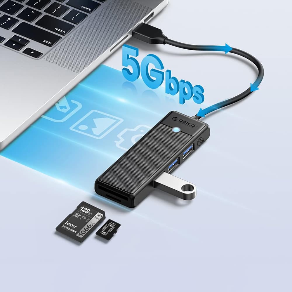Orico PAPW3AT-U3 USB Hub, 4-port, 3x USB-A 3.0, bralnik kartic microSD/SD, 1 m, črn 3