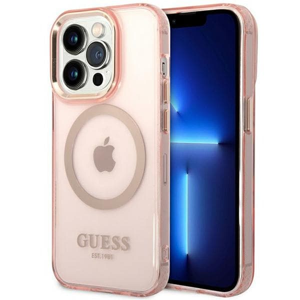 Ovitek Guess GUHMP14XHTCMP za iPhone 14 Pro Max 6.7", roza/roza, trdi, zlati obod, prozoren MagSafe