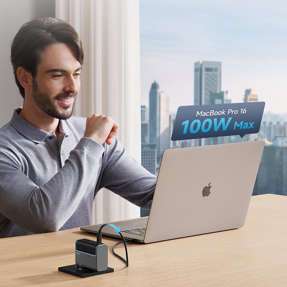 Cuktech GaN 100W stenski polnilnik 2x USB-C, 1x USB-A s kablom - siv 6