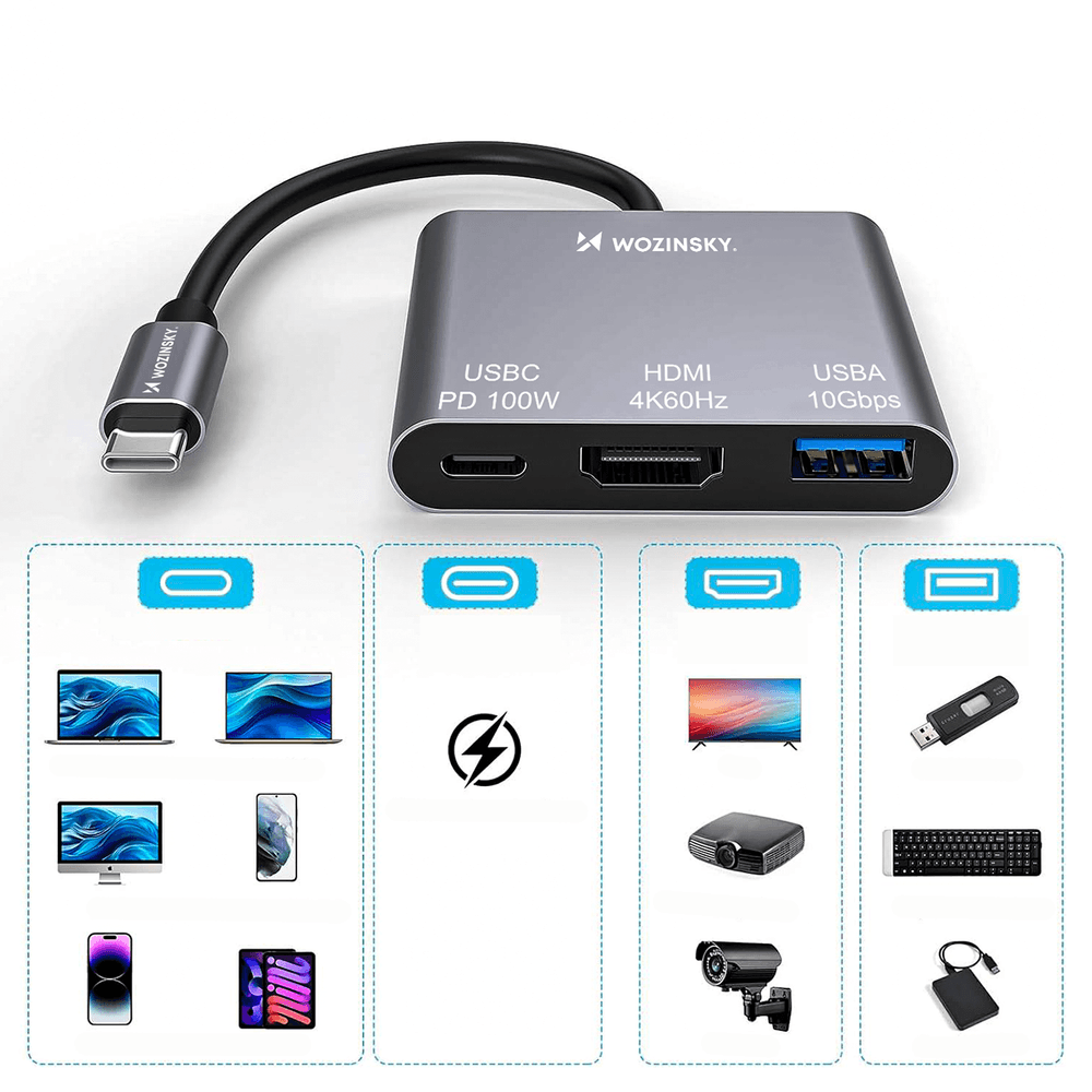 Wozinsky WHCH-01 USB-C Hub, PD 100W, HDMI 4K@30Hz, USB-A 10Gbps - siv 5