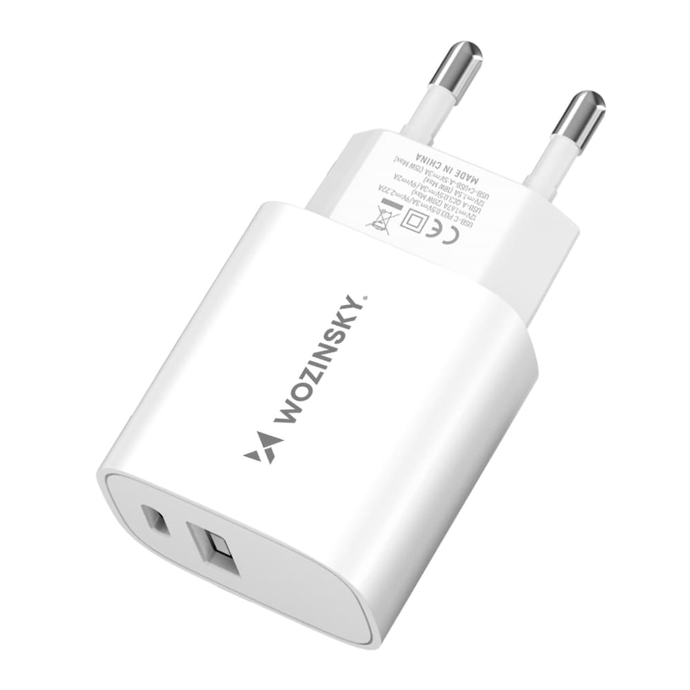 Stenski polnilnik Wozinsky WGWCW 20W, USB-A + USB-C - bel