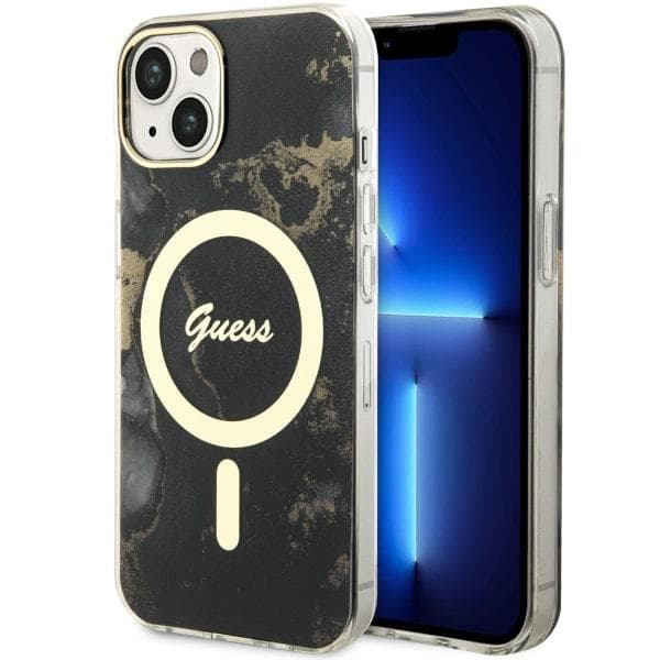 Ovitek Guess Golden Marble MagSafe za iPhone 14, črn