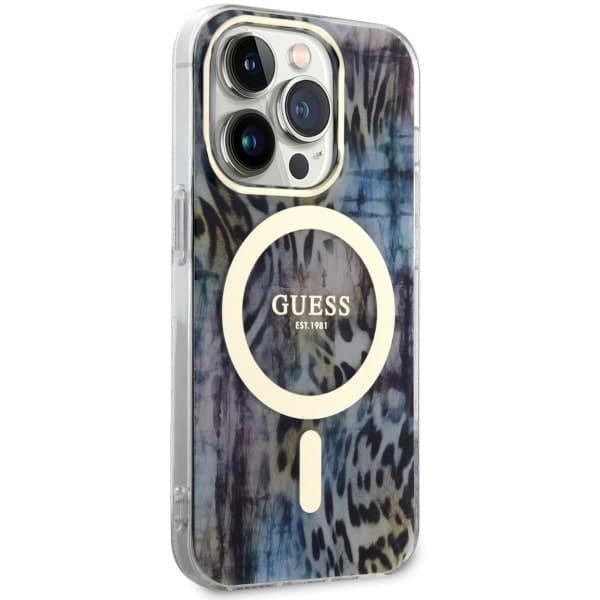 Guess ovitek za iPhone 14 Pro 6.1" modr Leopard MagSafe 4
